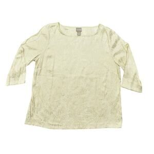 Chico's Size 3 Gold Blouse, Polyester, 23" PTP, 27" L Round Neck 3/4 Sleeve